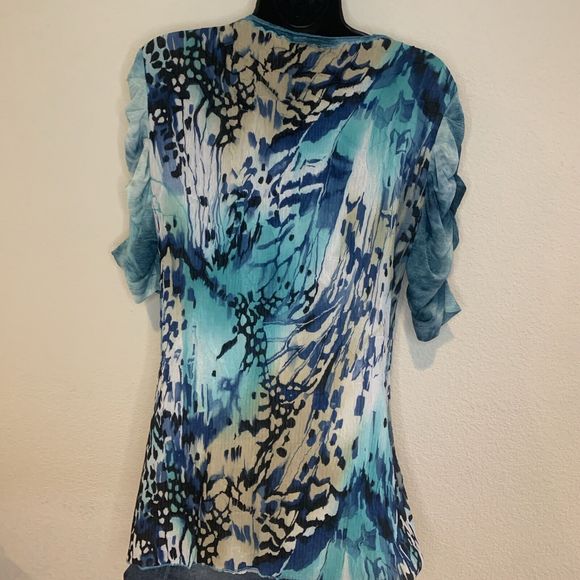 ALBERTO MAKALI Blue Art-to-Wear Mixed Media s/s Top Size L Sequin Crinkle - Picture 12 of 13